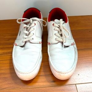 Lacoste mens size 12- white leather boat shoes
